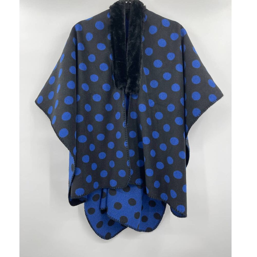 Loft Poncho Cardigan Faux Fur Trim Reversible Blue Black Polka Dots NEW Medium